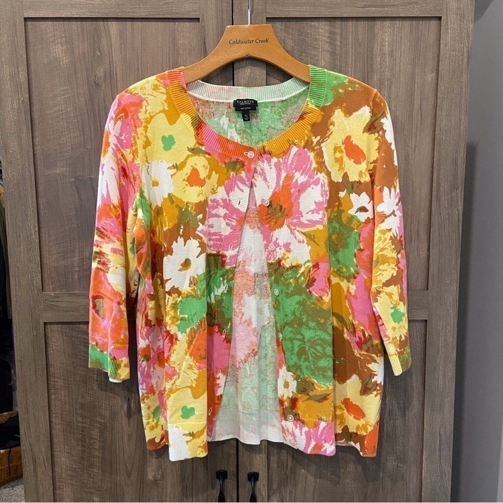 Talbots Xp Cardigan Sweater Pima Cotton Floral 3/4 sleeves